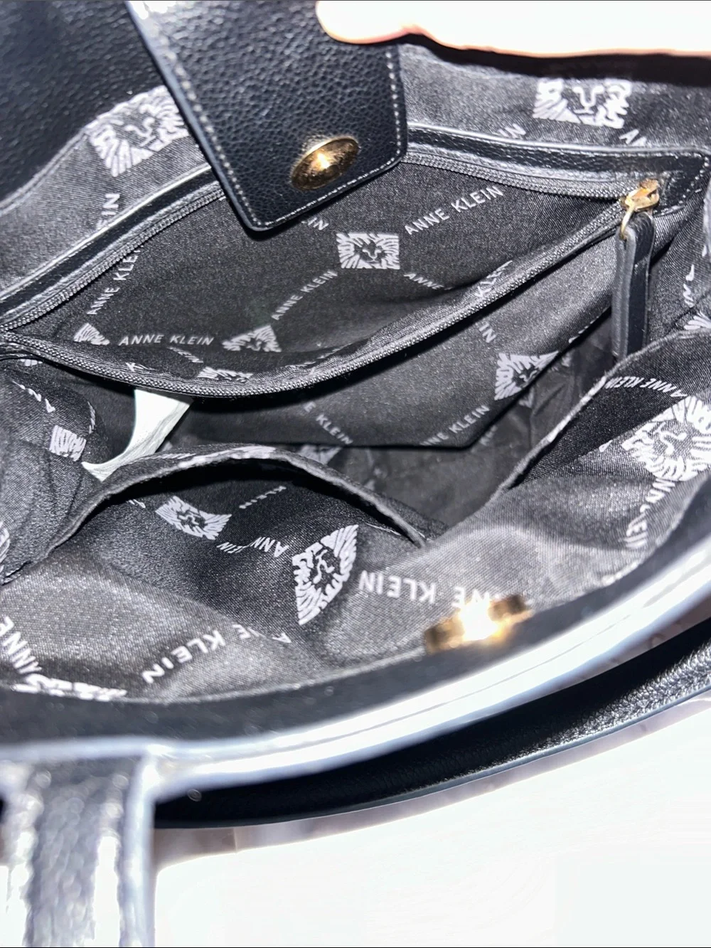 Anne Klein textured black leather look PVC satchel bag.